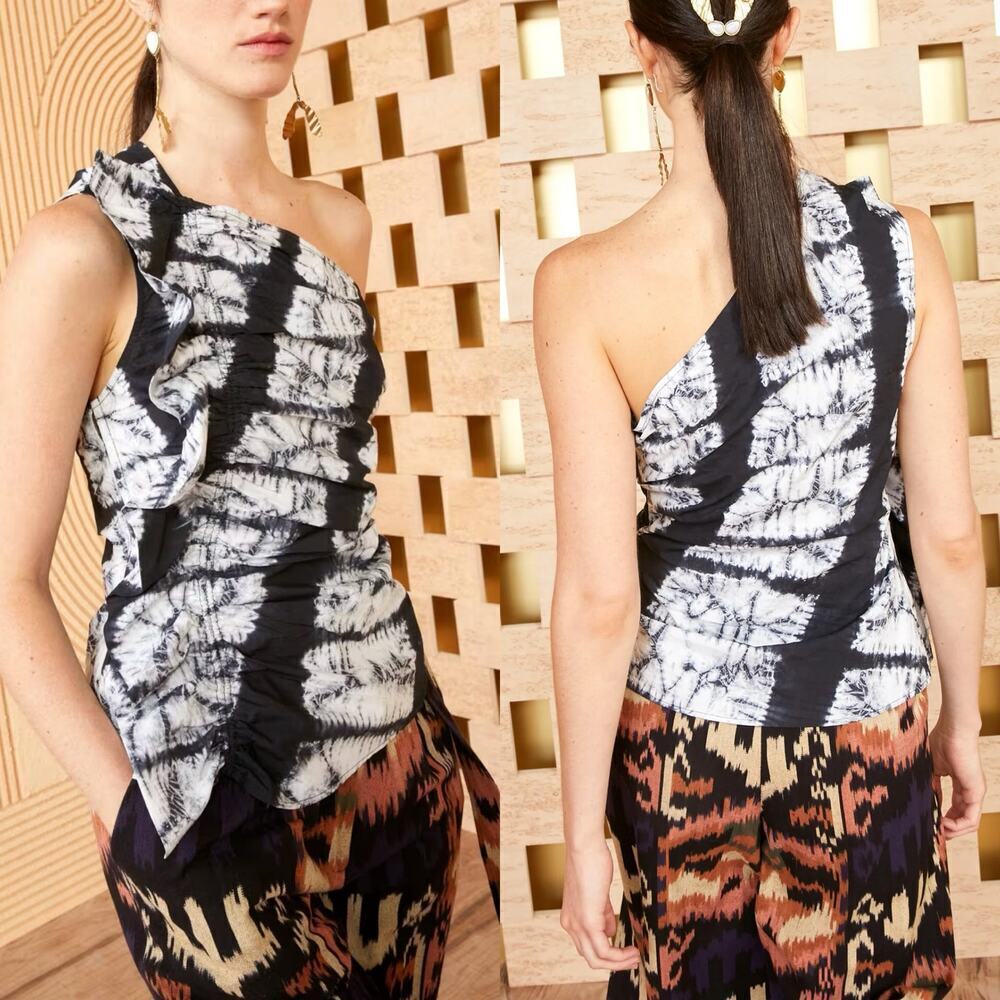 Ulla Johnson Senta One Shoulder Top Pragon Black Tie Dye Ruffle Detail Size 12